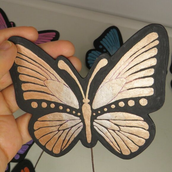 Metallic Wooden (7) Butterflies on Wire DOUBLE SIDED WITH SAME ON BOTH SIDES - Picture 7 of 9